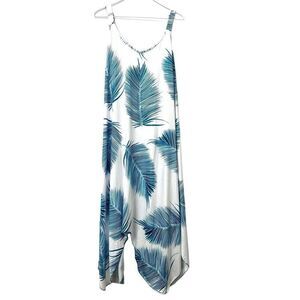 NWT India Boutique Handkerchief Hem Palm Print Maxi Summer Dress Blue & White OS
